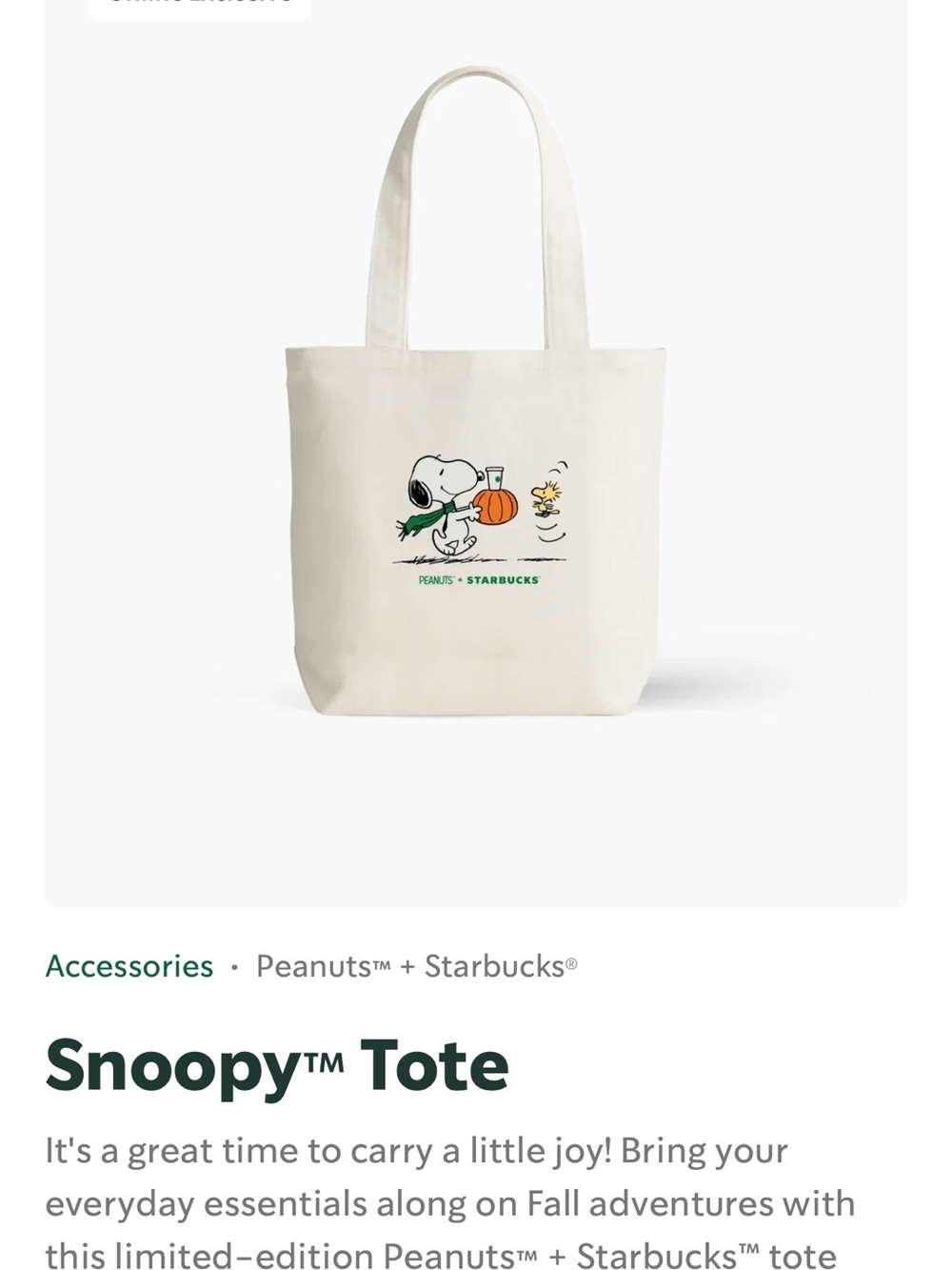 Starbucks Cream Canvas Snoopy Tote with Pumpkin Artwork